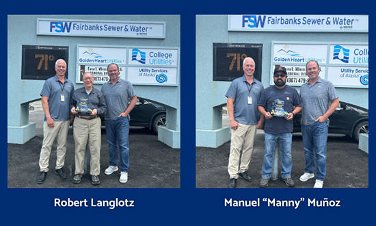 Golden Heart Utilities employees Robert Langlotz and Manuel Muñoz receiving awards.